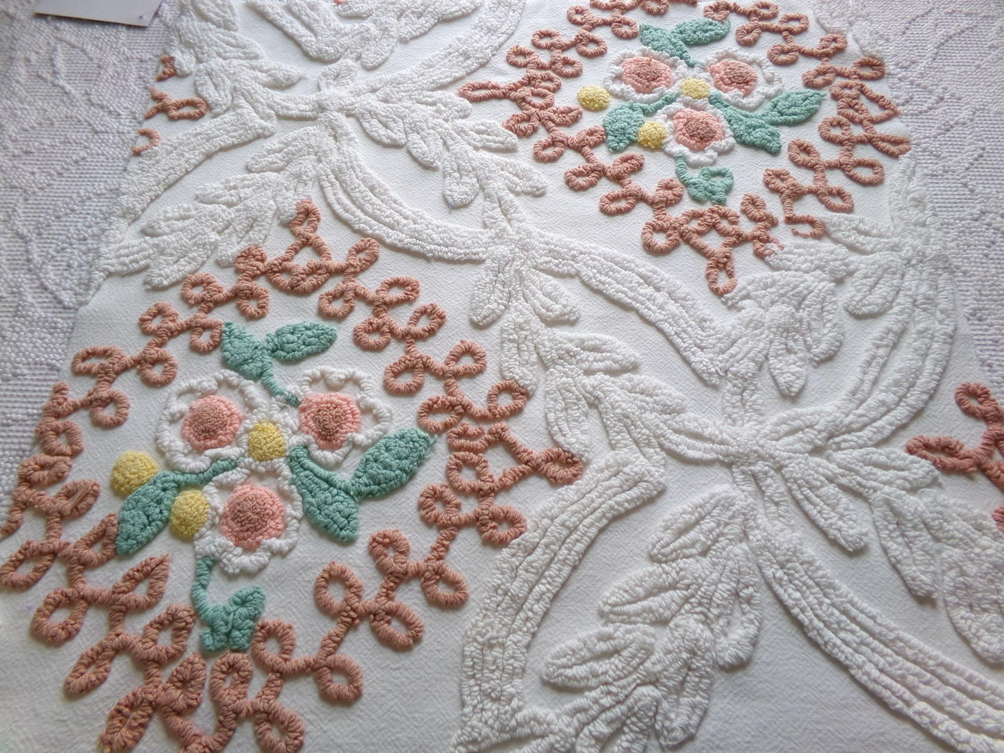 vintage chenille bedspread fabric, natural boho floral 20" x 20" piece sewing material