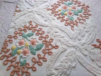 vintage chenille bedspread fabric, natural boho floral 20" x 20" piece sewing material