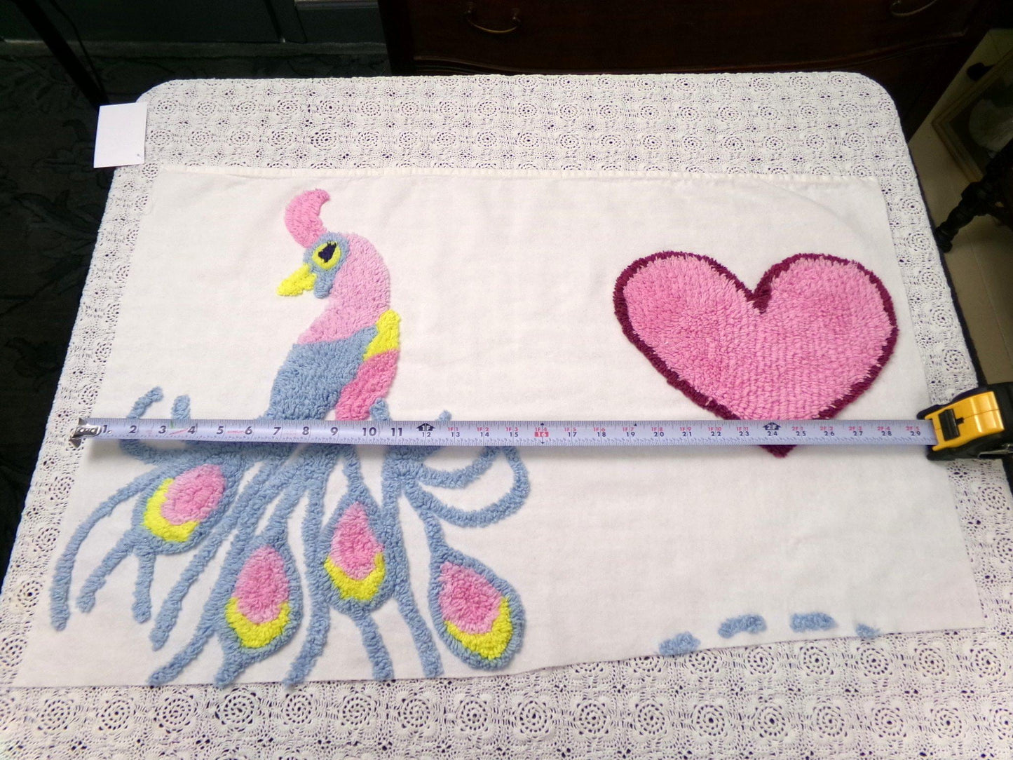 Lonely Heart Peacock Vintage Style Chenille Bedspread Fabric 18x28" Craft Panel