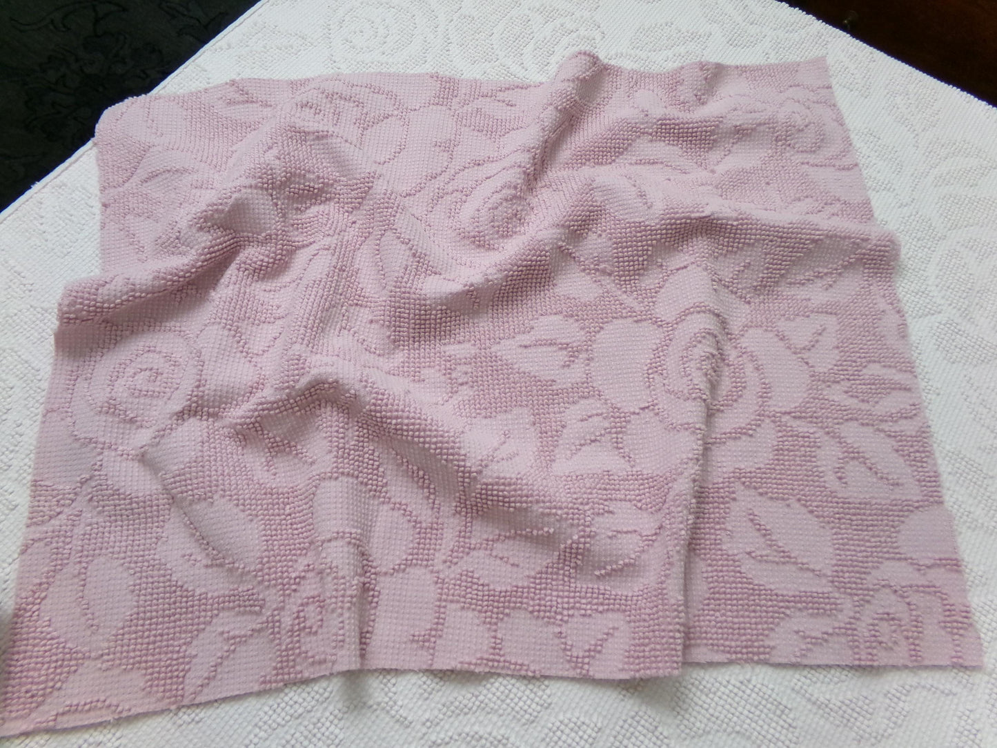 Dusty Rose Vintage Hobnail Chenille Fabric Piece Cabbage Rose Reversible Shadow Design 18x24"