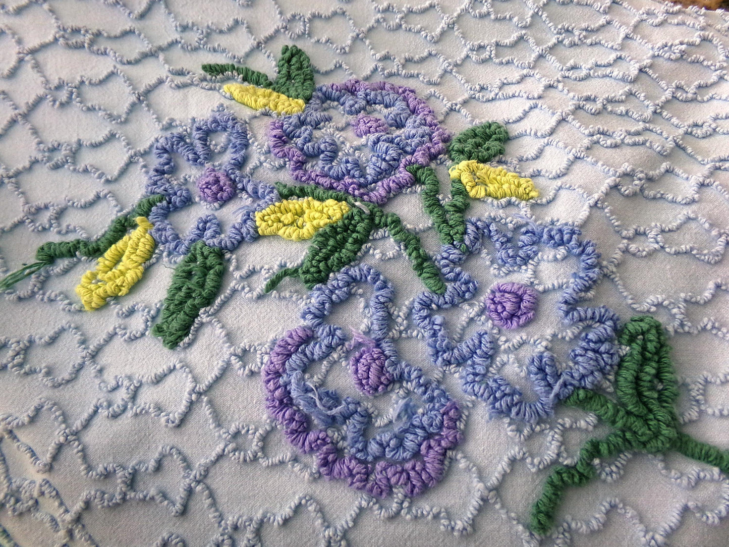 Quiet Midnight Blue Vintage Chenille Fabric, Floral 16" x 24" Piece w/ unique chain link design