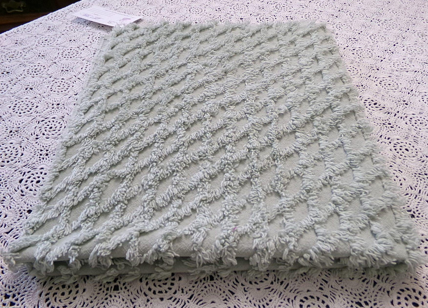 Calming Sage Vintage Chenille Bedspread Fabric Green Diamond Lattice 20x24"