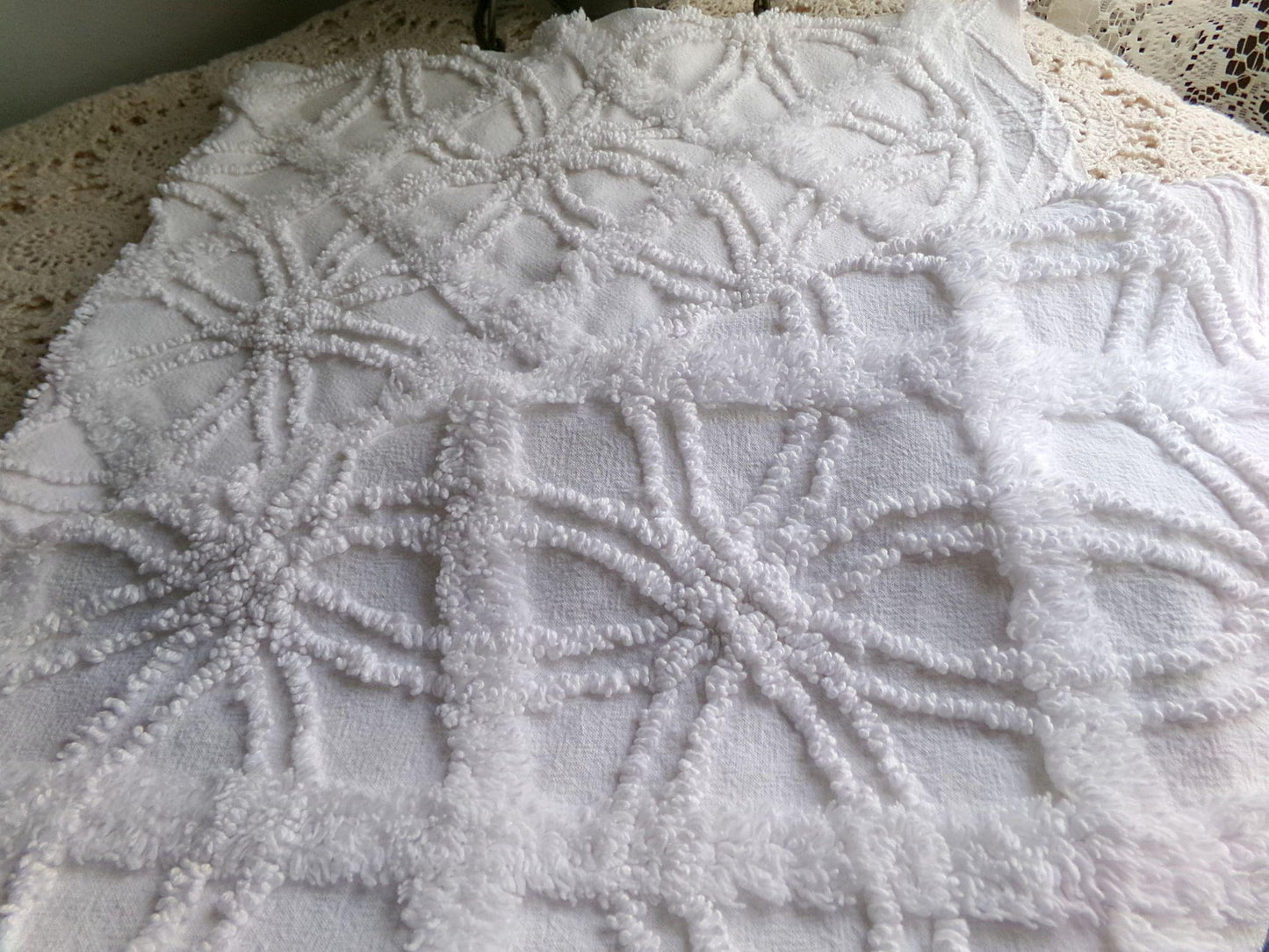 vintage white chenille fabric: webbed windowpane design, 20" x 25" cut piece