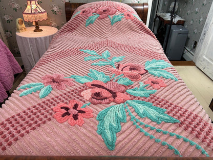 Vintage Chenille Bedspread Twin Dusty Pink Aqua Floral Bouquet Cottage Shabby