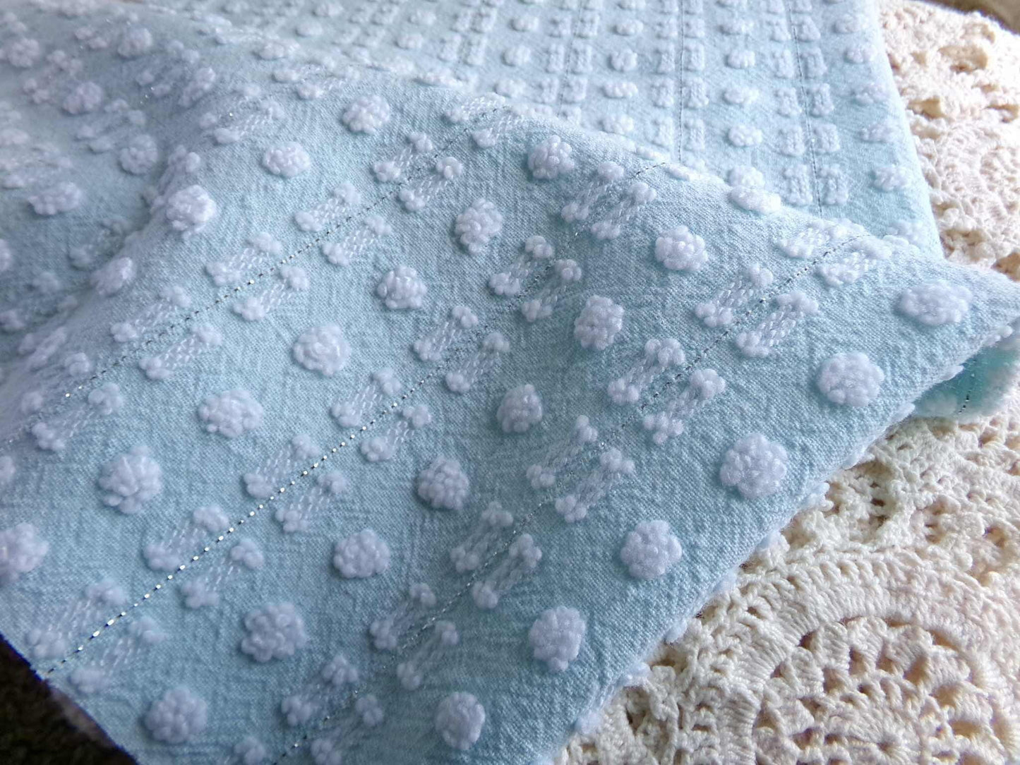 Aqua White Vintage Chenille Quilt Fabric, Petite Double Dash Dot, Silver Lurex, 19x22"