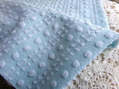 Aqua White Vintage Chenille Quilt Fabric, Petite Double Dash Dot, Silver Lurex, 19x22"