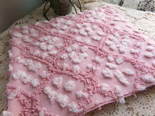 rose pink vintage chenille fabric, tumbling block mauve & white geometric design, 28" x 22" piece sewing material