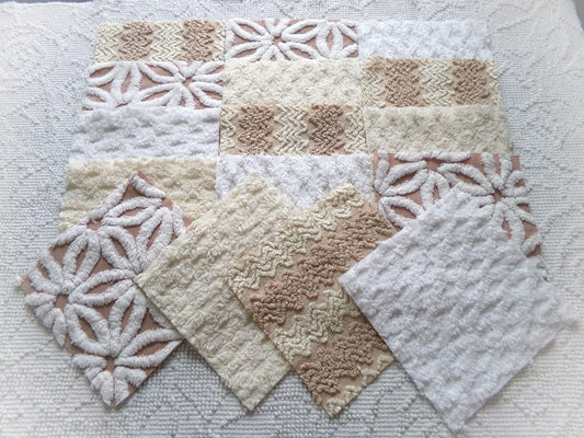 modern neutral chenille fabric squares, 16 vintage 6" quilt blocks in natural cream & white colors for sewing, crafts, fiber arts