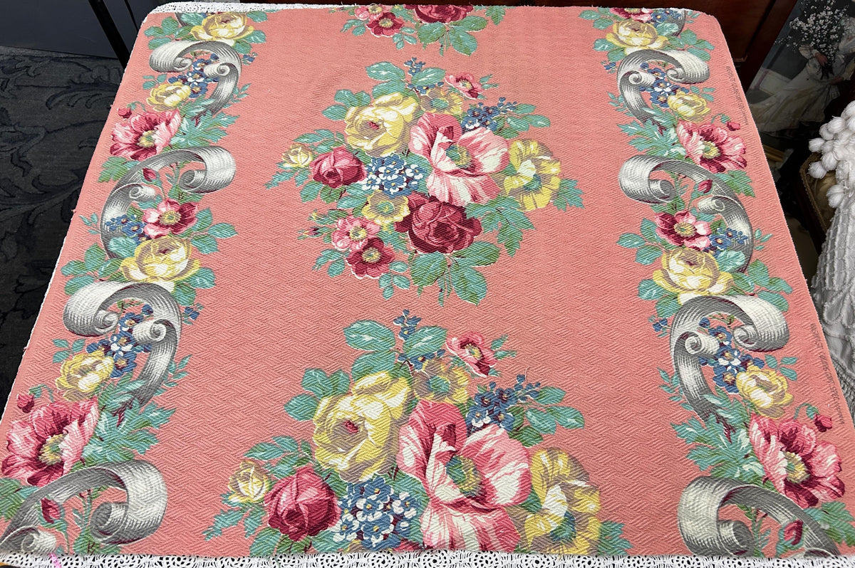 Cabbage Rose Vintage Barkcloth Fabric, Mauve Pink 28x33" Quilt & Craft Panel