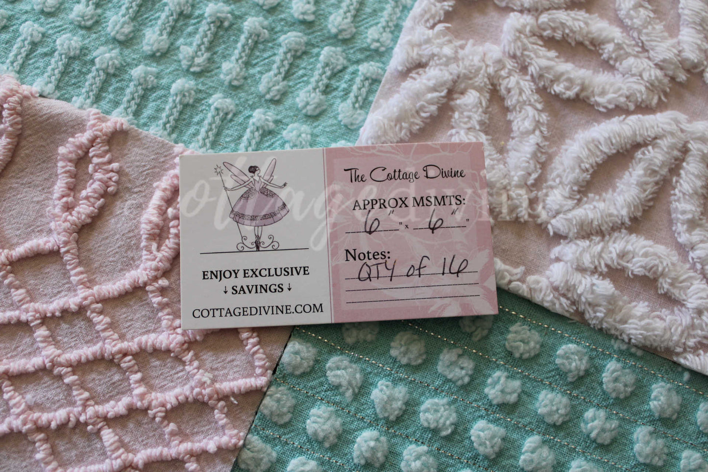 pink & aqua chenille fabric squares, set of quilt blocks cut from vintage chenille bedspreads, set of 16, 6" x 6" each for sewing, crafts