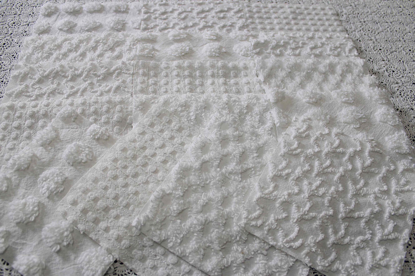 white chenille fabric squares in great textures, coin dots, lattice, mini pop sparkle & squiggles, 16 vintage quilt blocks, 6" x 6" ea