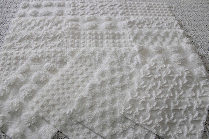 white chenille fabric squares in great textures, coin dots, lattice, mini pop sparkle & squiggles, 16 vintage quilt blocks, 6" x 6" ea