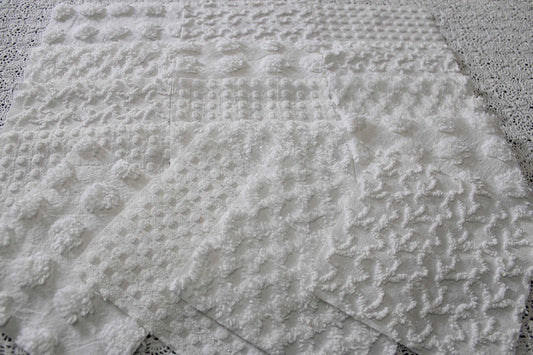 white chenille fabric squares in great textures, coin dots, lattice, mini pop sparkle & squiggles, 16 vintage quilt blocks, 6" x 6" ea