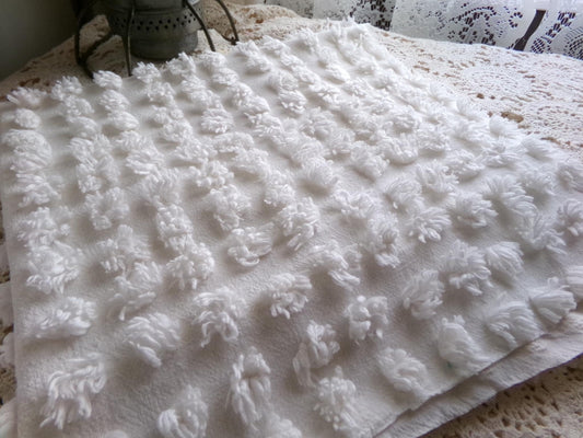 cute snowball puff pops vintage aged white chenille fabric with loose puffy popcorns, 20" x 24" inch piece of sewing & quilt material