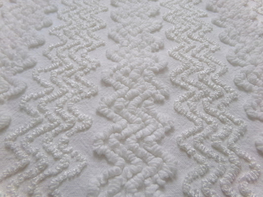 Heavenly White Vintage Chenille Bedspread Fabric, Textured Zig Zag Quilt Material, 18" x 24"