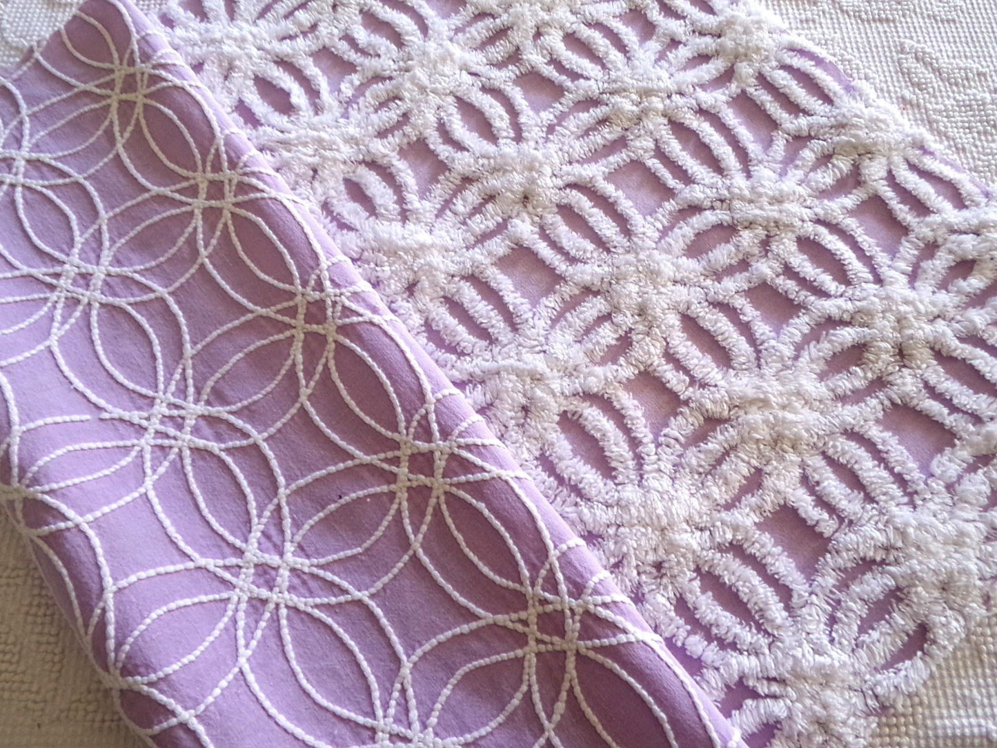 Vintage Lilac Chenille Fabric, White Spider Tufted Pattern, 18" x 24" Piece