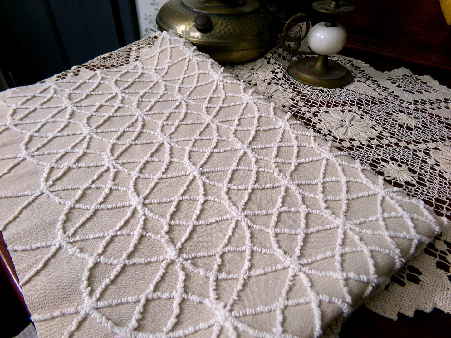 Neutral Mocha Vintage Chenille Fabric, Petite Tufted White Wedding Ring Design 18" x 24"
