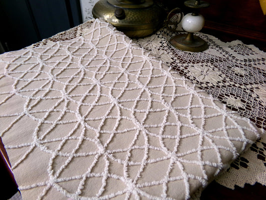 Neutral Mocha Vintage Chenille Fabric, Petite Tufted White Wedding Ring Design 18" x 24"