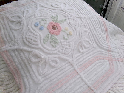cottage style vintage chenille fabric, dimensional floral design 24" x 21" inch piece craft & sewing material
