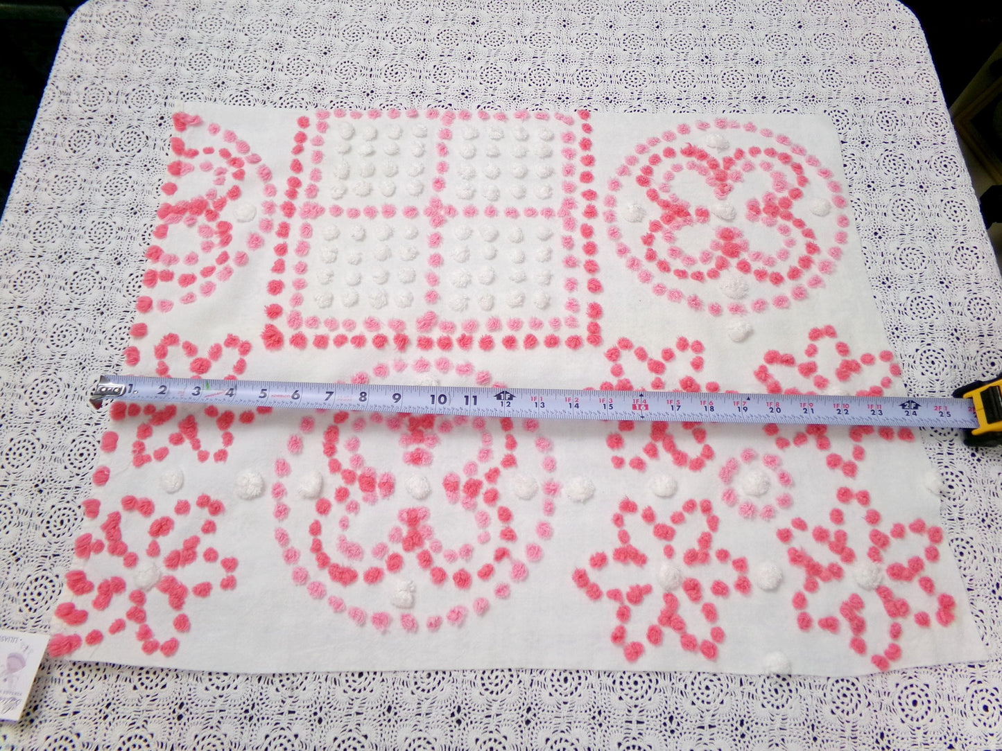 Vintage Pink White Chenille Fabric 4-Block Geometric Floral Sampler 18" x 23" Panel