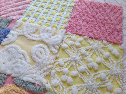 vintage chenille fabric squares, "buttercup baby" set of 16 floral 6" quilt blocks in colorful pink & yellow, for quilting, crafts, sewing