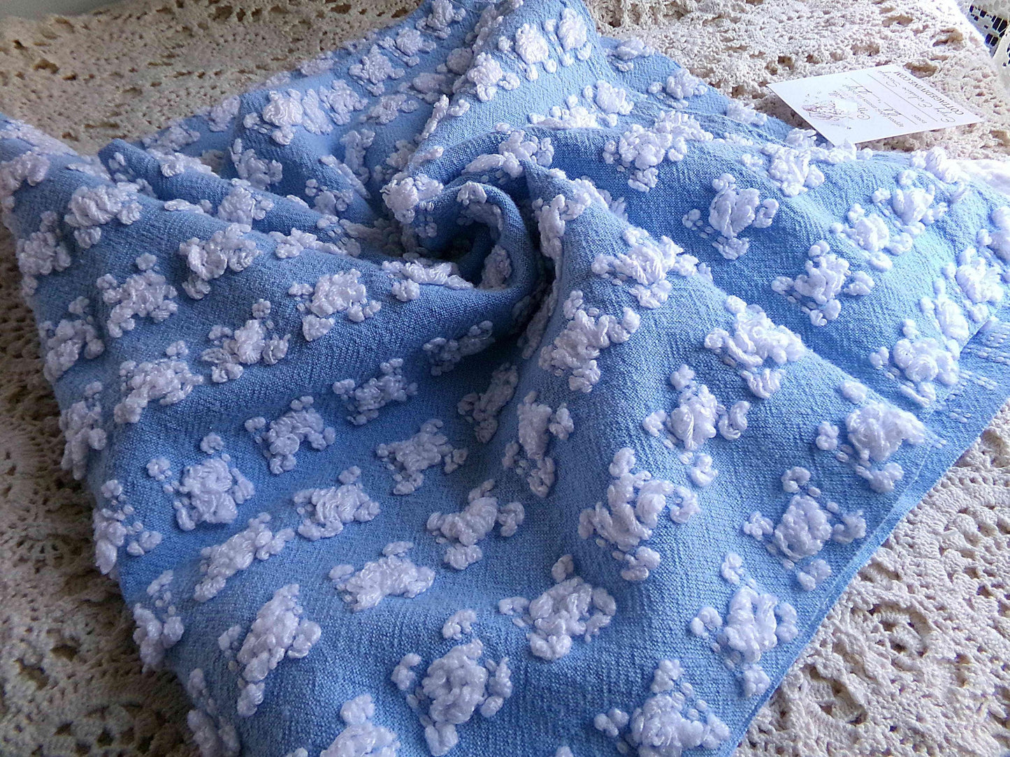 White Rosebud Vintage Chenille Fabric Piece, Beyond Beautiful Blue Rose Material for Quilts & Pillows, 24" x 20" inches