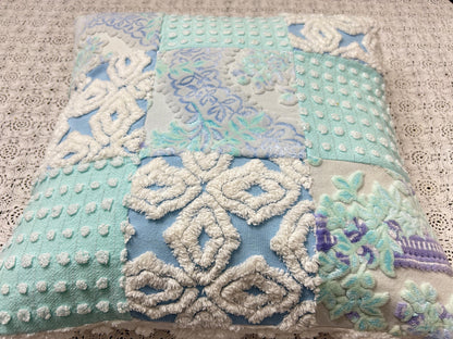 Vintage Velvet & Chenille Pillow Cover, 16" Square Reversible Coastal Patchwork Design