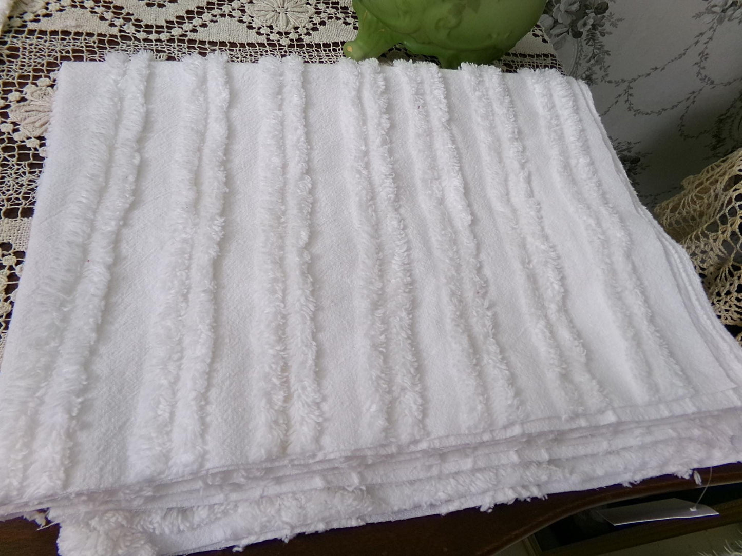 White Striped Vintage Chenille Bedspread Fabric 18x24" Pc Dual Stripes Quilting Material