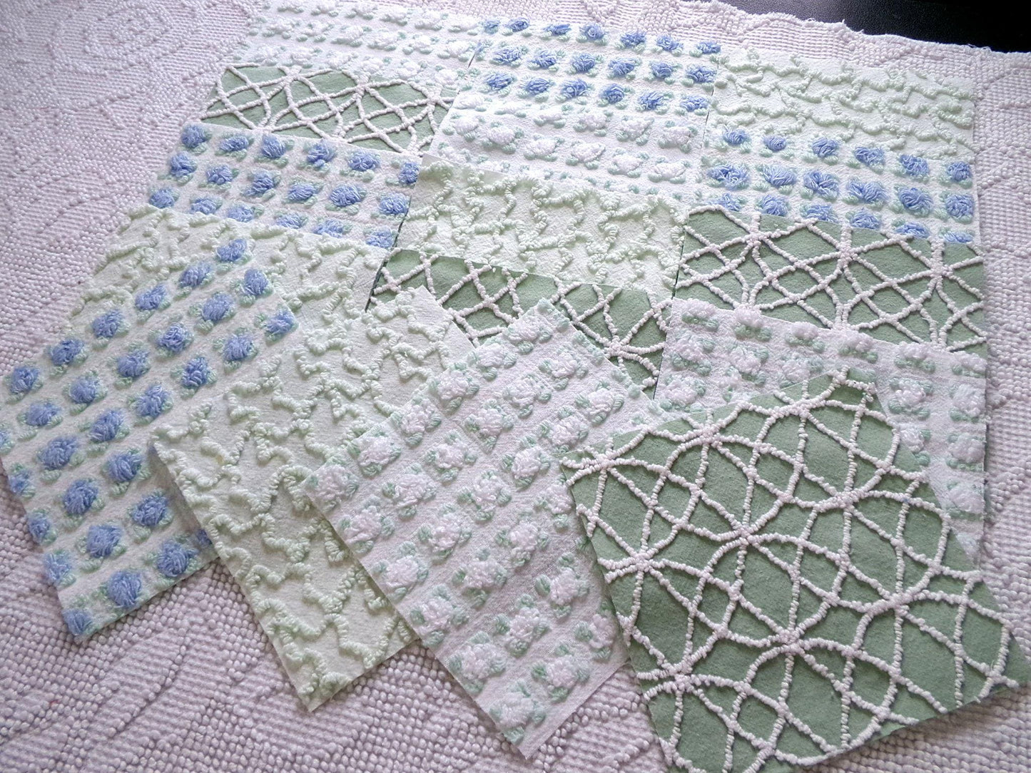 coastal wanderings vintage chenille fabric squares, 16 vintage 6" quilt blocks in natural green & white for sewing, crafts, fiber arts