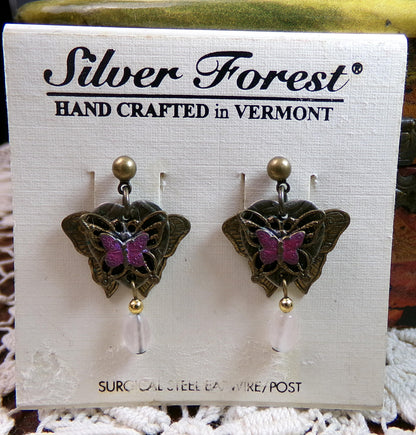 pink butterfly dangle earrings, pierced post back vintage Silver Forest Vermont jewelry