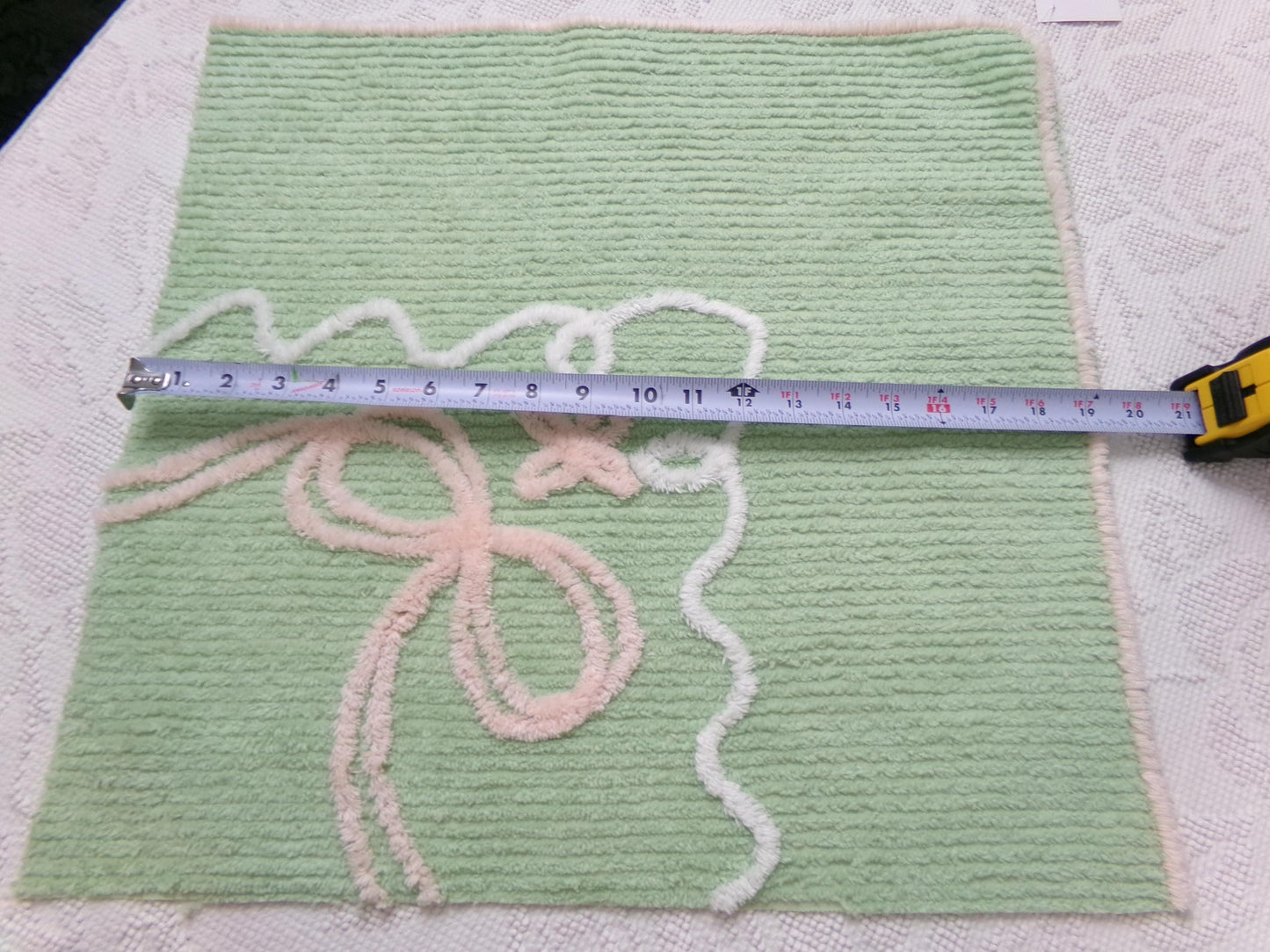 Peaceful Mint Green Vintage Chenille Fabric Pink Bow Star Lily, 19" x 18"