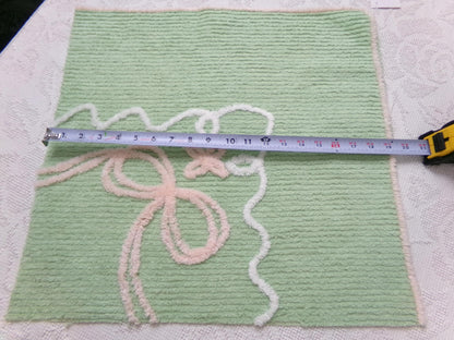 Peaceful Mint Green Vintage Chenille Fabric Pink Bow Star Lily, 19" x 18"