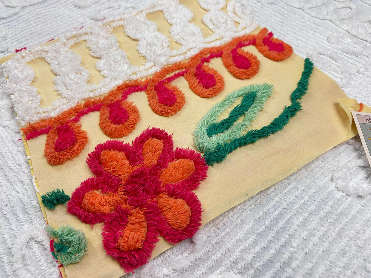 Happy Yellow Vintage Chenille Bedspread Fabric, Boho Red Flower Curlicues 13x25"