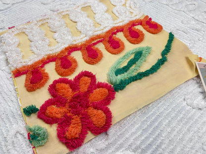 Happy Yellow Vintage Chenille Bedspread Fabric, Boho Red Flower Curlicues 13x25"