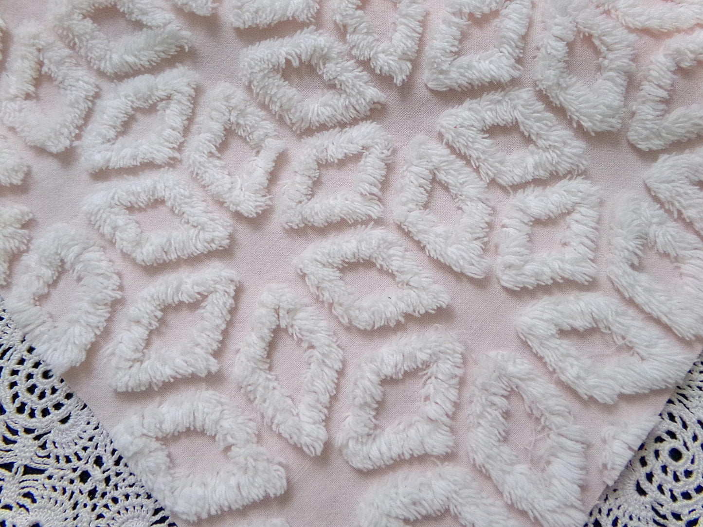 Whisper Pink & White Vintage Chenille Fabric Piece 18x24" Wedge Snowflakes