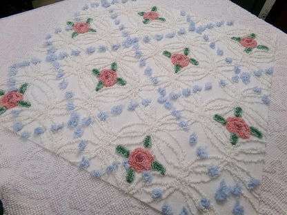 Pink Roses in Winter Vintage Chenille Bedspread Fabric, Romantic 22" x 20" Piece Sewing Material