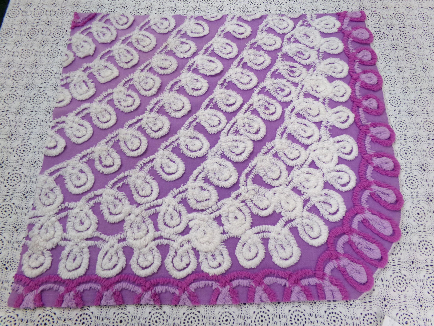 Shabby Purple & White Vintage Chenille Fabric 18 x 20" Curlicue Geometric Boho Quilt Sewing Material
