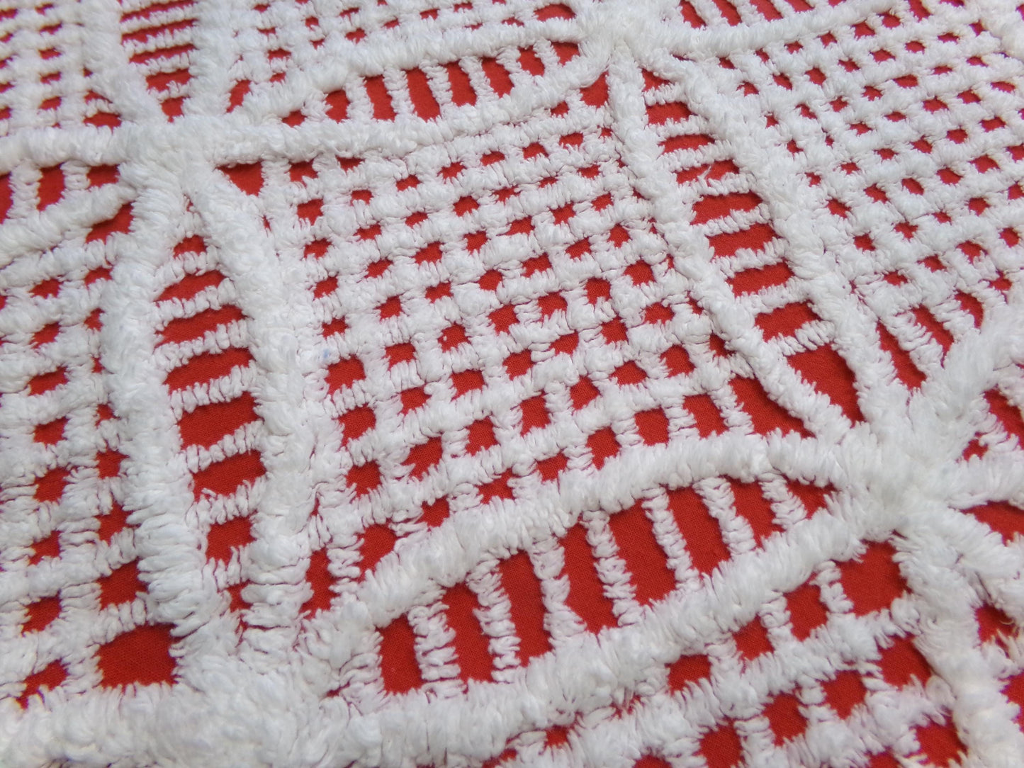 red & white vintage chenille fabric, geometric design 20" x 24" piece quilt material