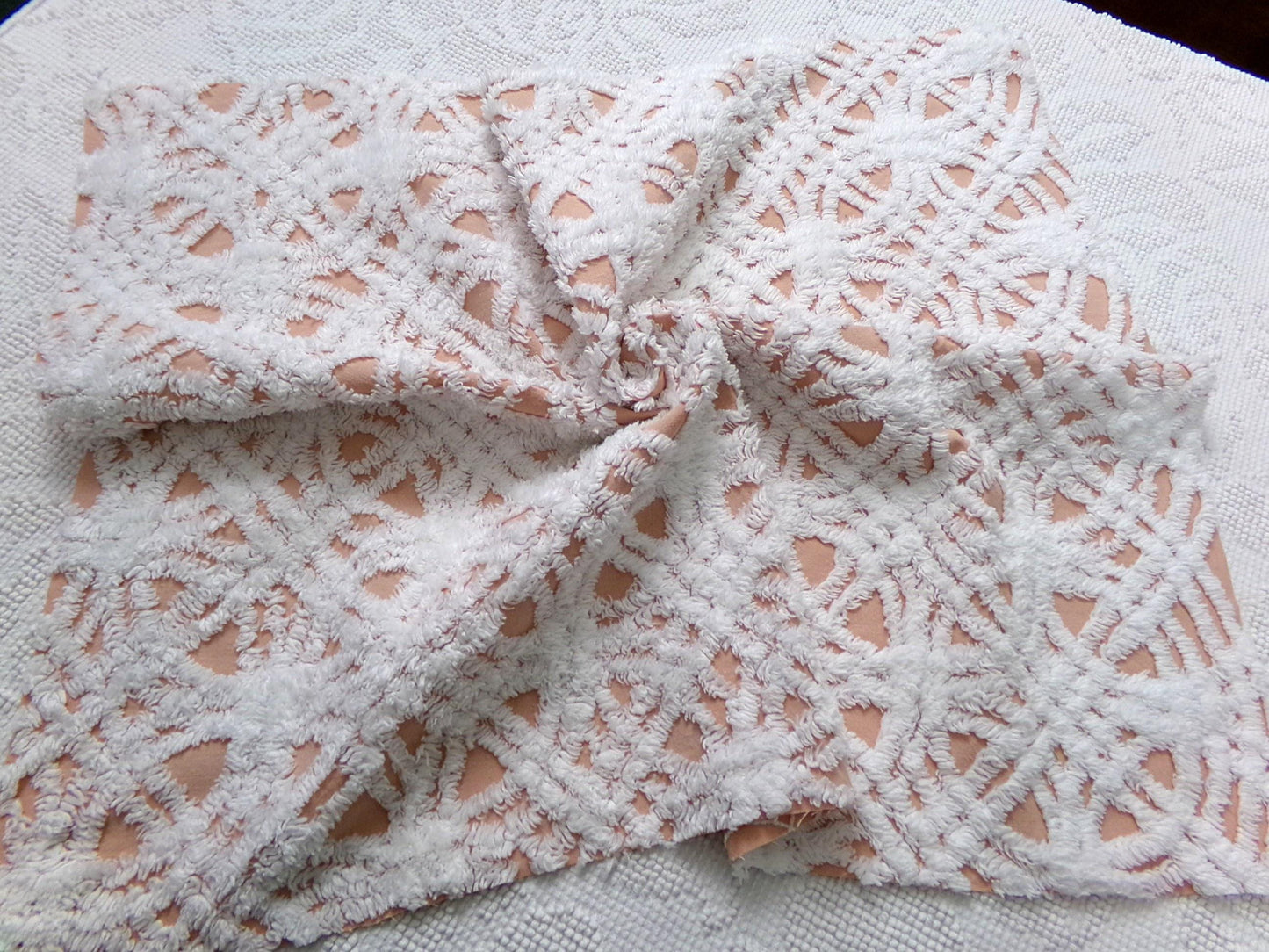 Cozy Peach & White Vintage Chenille Bedspread Fabric, Plush Geometric Quilt Material 18" x 24"