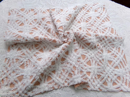 Cozy Peach & White Vintage Chenille Bedspread Fabric, Plush Geometric Quilt Material 18" x 24"