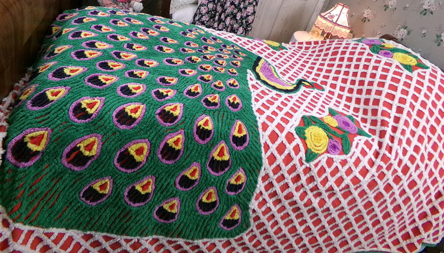 Vintage Chenille Bedspread Sprawling Red Peacock, Green Feathers & White Lattice, Full