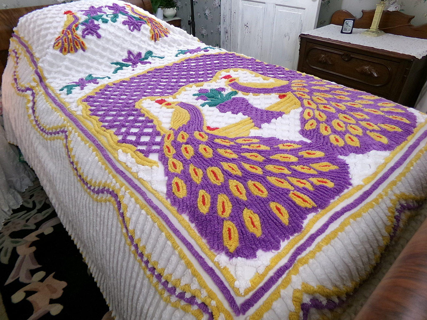 Vintage Chenille Bedspread Double Peacock Purple Gold White, Full Size
