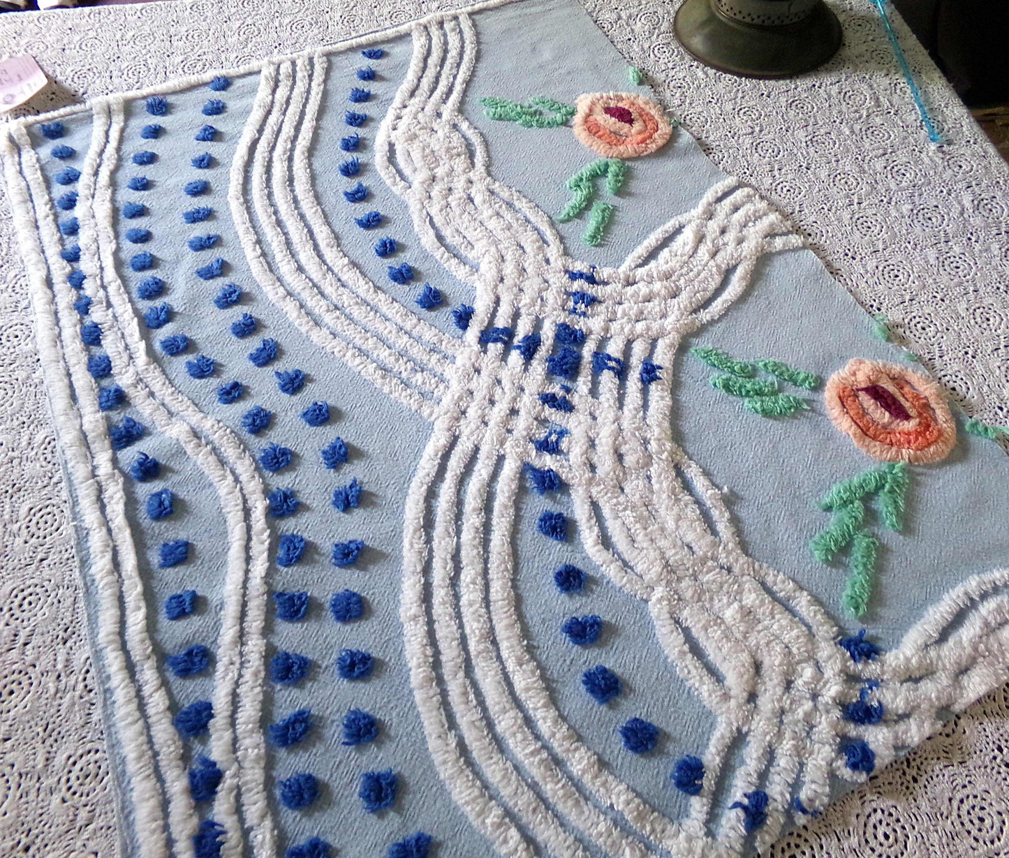 Coastal Cottage Vintage Chenille Fabric, Blue Rose Floral Sewing & Quilt Material 21" x 23"