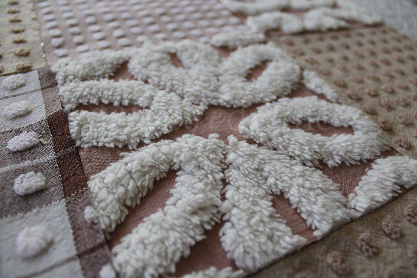 Cozy Mocha Chenille Quilt Squares Set, from Vintage Bedspread Fabric, 16 Blocks, 6" x 6" inches each, Pops & Daisies