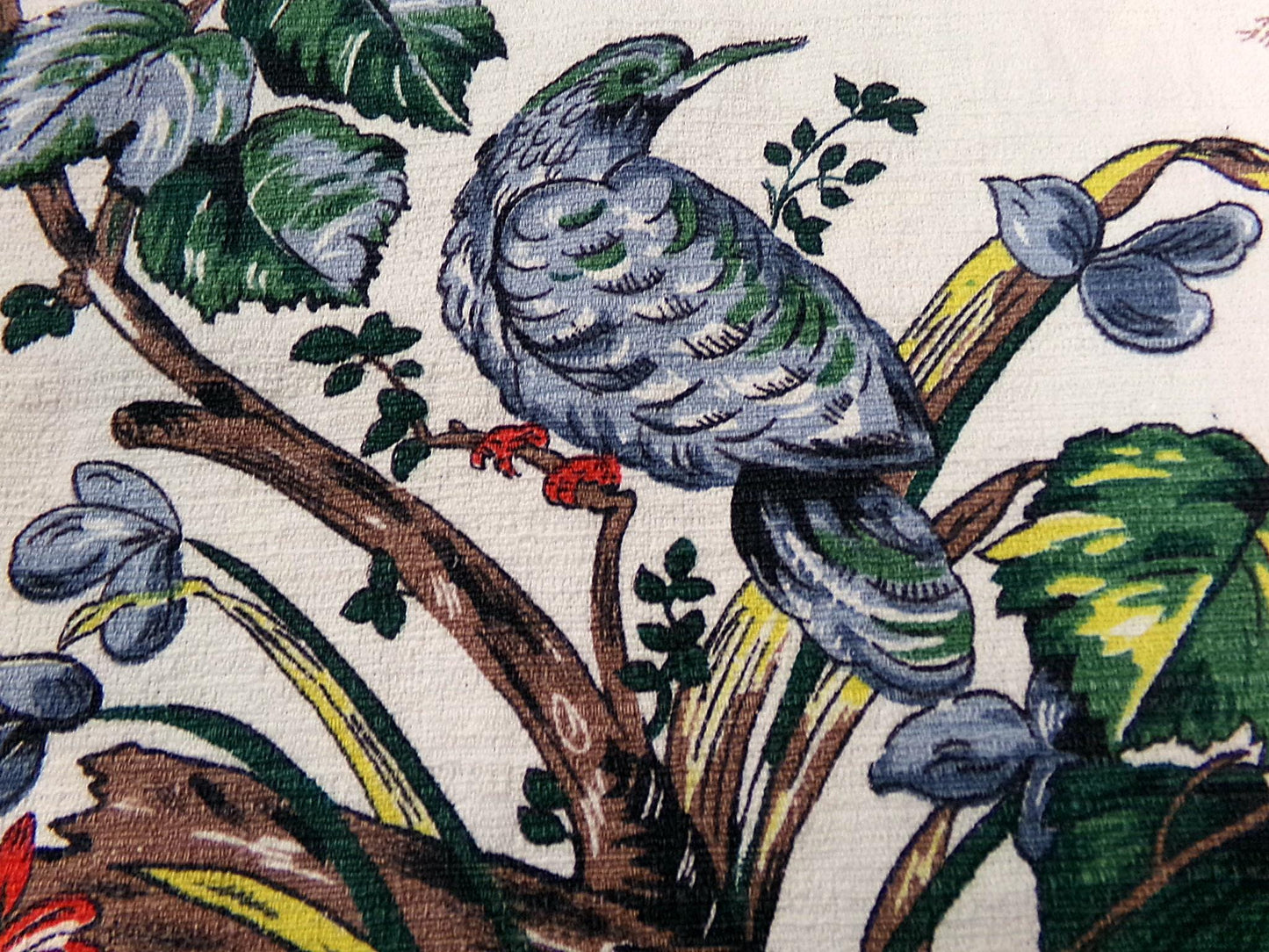 Vintage Barkcloth Fabric Panel Paloma Exotic Bird & Floral Botanical Print, 20x30"