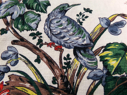 Vintage Barkcloth Fabric Panel Paloma Exotic Bird & Floral Botanical Print, 20x30"