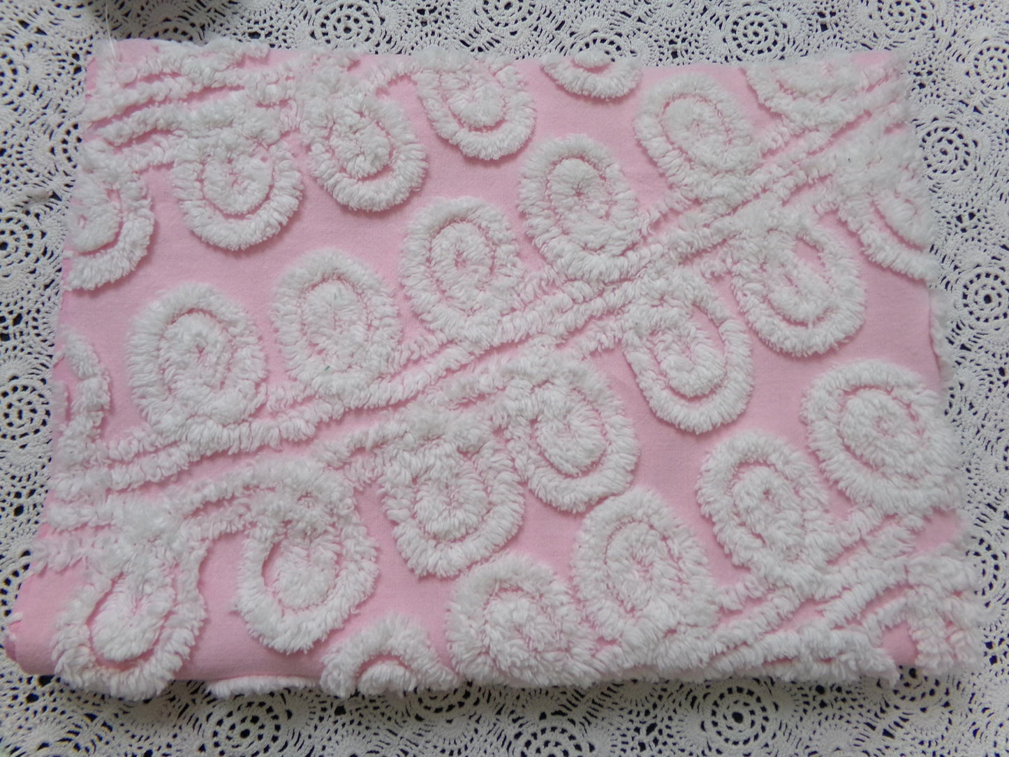 Cute Curlicues Vintage Chenille Fabric, Pink & White 16" x 23" piece