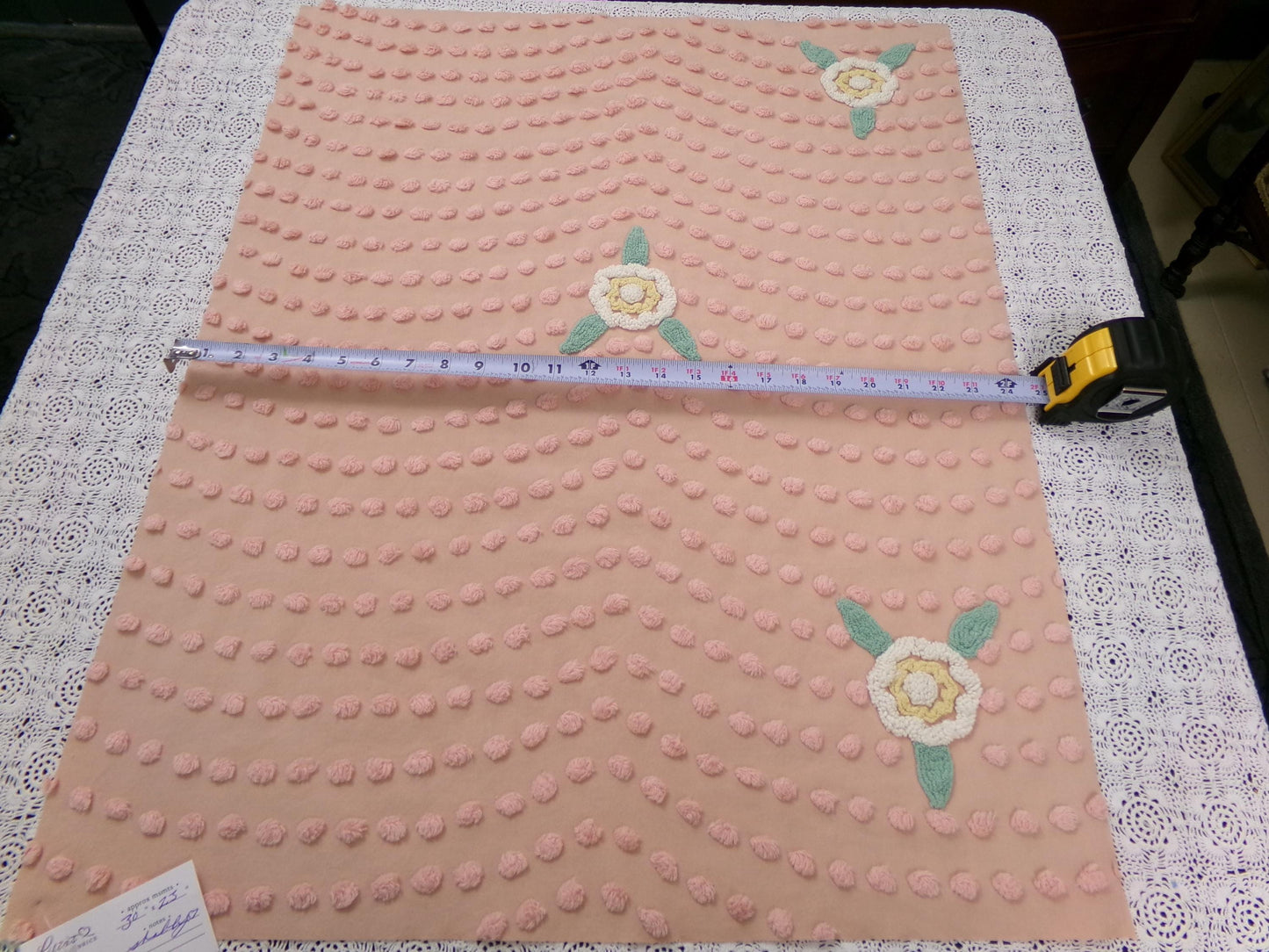 Vintage Cotton Chenille Fabric Peach Dot Floral Accents 23 x 30" Shabby Chic