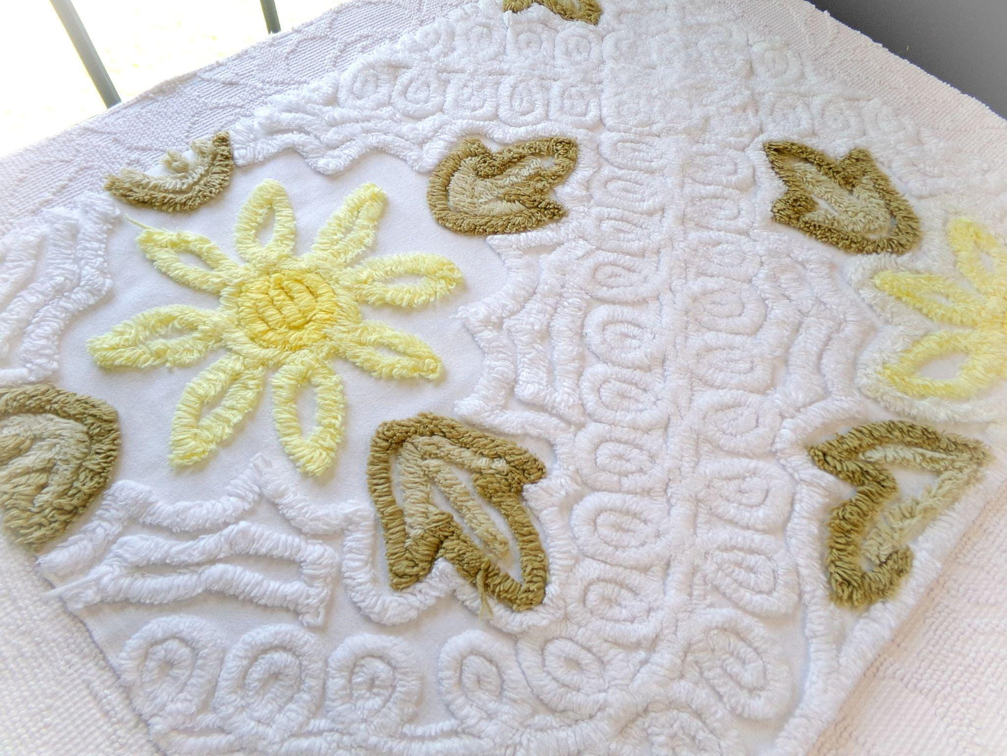 shabby sunflower vintage chenille fabric, 25" x 20" cut piece of quilt material for crafts, sewing