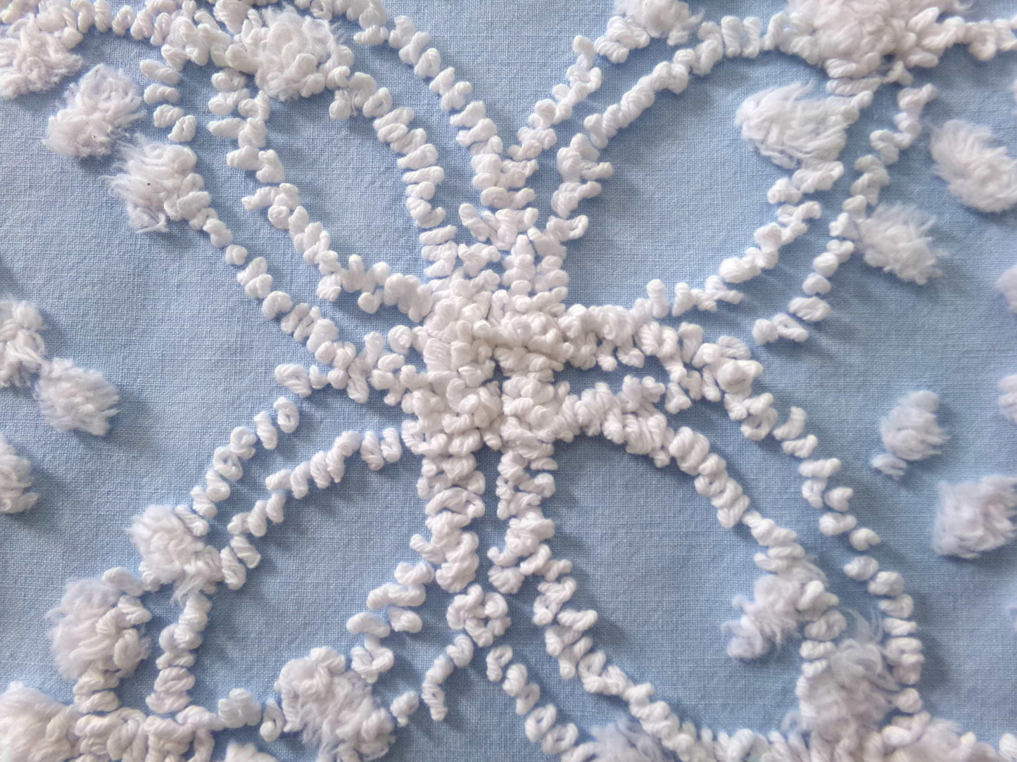 shabby beach chic vintage chenille fabric, 19" x 21" piece w/ snow white pops & links on sky blue cotton